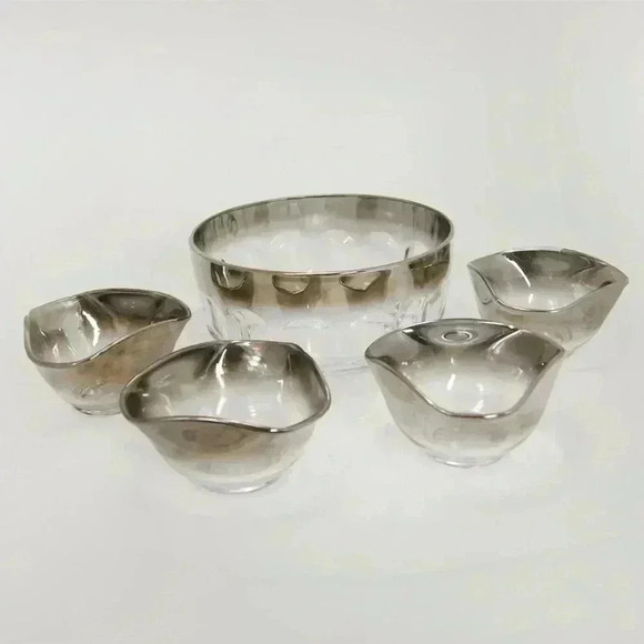 Vintage  Mid Century Modern MCM Metallic Silver Ombre Fade 5 Pc Glass Bowl Set - Picture 2 of 11